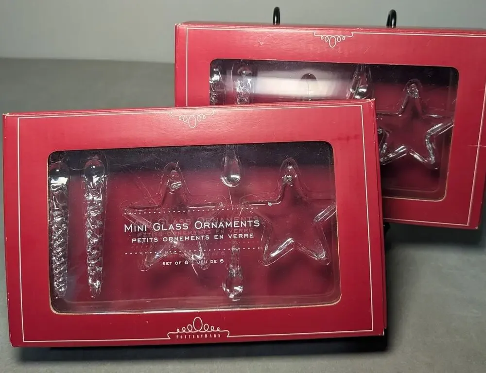 Pottery Barn Mini Glass Christmas Ornaments 2 Boxes Icicles Stars Drops NIB